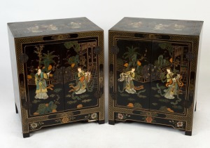 A pair of Chinese two door bedside cabinets with hand-painted decorative finish, late 20th century, 61cm high, 51cm wide, 38cm deep