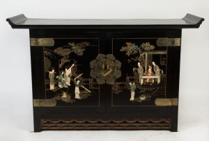 A Chinese two door sideboard with hand-painted decorative finish, late 20th century, 89cm high, 144cm wide, 48cm deep