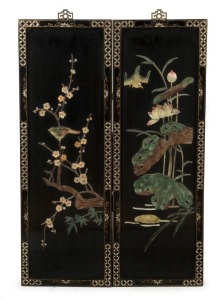 A pair of decorative Chinese black lacquered plaques, late 20th century, 92cm x 31cm each