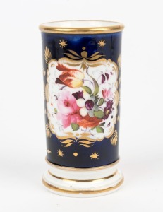 An antique English blue porcelain cylindrical vase with hand-painted floral decoration and gilded highlights, circa 1830s, 12cm high