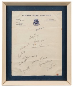 V.C.A. headed page signed in pen by the Australian team for the 5th Test, Feb.1966 at M.C.G. vs. England, framed 33 x 28cm overall. The Match was drawn despite Bob Cowper making 307 and Lawry 108, with Australia declaring at 8 for 543.