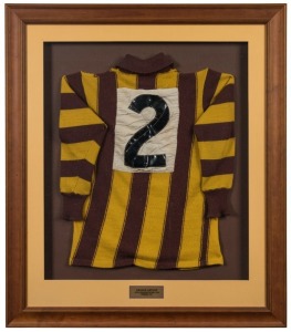 GRAHAM ARTHUR - HAWTHORN (1936 - 2021):  Graham Arthur's 1961 season match-worn No.2 long-sleeved jumper, framed together with a plaque which recognizes Arthur in his capacity of Captain of the team during 1961 when Hawthorn won its' first Premiership. Ov