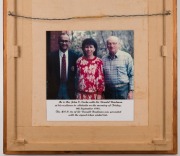 An attractively framed presentation featuring a mini-bat signed and dedicated by Don Bradman, and an M.C.C. tie presented by Bradman, overall 60.5 x 50.5cm. Mr & Mrs Cooke visited Bradman at his home in Adelaide on 9th September 1988. He presented them wi - 2