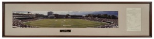 A framed panoramic photograph titled "LORD'S" The Ashes Series 1997, Second Test" and accompanied by a match score card signed by Glenn McGrath; overall 34 x 140cm. Glenn McGrath, who produced the remarkable figures of 8 wickets for 38 runs, was instrumen