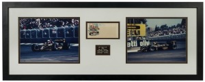 A JPS Team Lotus display with two large photographs featuring Elio de Angelis and Ayrton Senna in their cars with a plaque recording their birth and death years; also, a John F. Kennedy commemorative display. (2 framed items).