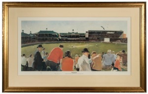 DON BRADMAN, print "From the Hill - Don Bradman hits the single that gives him 100 first class centuries, November 15, 1947" by Wesley Walters, numbered 1160/1250 and signed by Don Bradman in lower margin, window mounted, framed & glazed, overall 81cm x 1