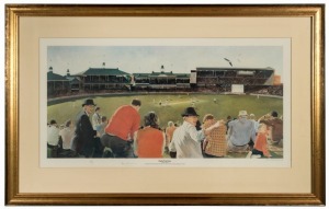 DON BRADMAN, print "From the Hill - Don Bradman hits the single that gives him 100 first class centuries, November 15, 1947" by Wesley Walters, numbered 1160/1250 and signed by Don Bradman in lower margin, window mounted, framed & glazed, overall 81cm x 127cm, together with a framed scoreboard print.