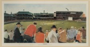 DON BRADMAN, print "From the Hill - Don Bradman hits the single that gives him 100 first class centuries, November 15, 1947" by Wesley Walters, numbered 1160/1250 and signed by Don Bradman in lower margin, window mounted, framed & glazed, overall 81cm x 1 - 2