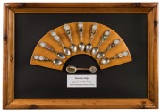 1992 Cricket World Cup: A framed display featuring nine World Cup souvenir spoons from each of the participating countries, plus a special one featuring the pavilion at Lords. Overall 42 x 61cm.