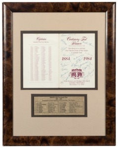ONE HUNDRED YEARS OF TEST CRICKET AT ADELAIDE OVAL - CENTENARY TEST DINNER MENU 1984 Dec.1984 souvenir dinner menu signed by sixteen former Test Captains who were present at the dinner. The signatories include Australians, Sir Donald Bradman, Arthur Morri