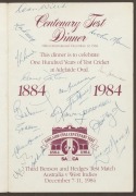 ONE HUNDRED YEARS OF TEST CRICKET AT ADELAIDE OVAL - CENTENARY TEST DINNER MENU 1984 Dec.1984 souvenir dinner menu signed by sixteen former Test Captains who were present at the dinner. The signatories include Australians, Sir Donald Bradman, Arthur Morri - 2