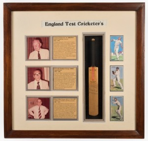 ENGLISH TEST CRICKETERS: Freddie&nbsp;Brown, Leslie Ames and Bob Wyatt, original pen signatures on a Gray-Nicolls miniature bat, attractively framed & glazed together with details of their careers and images. Overall 51 x 53cm.