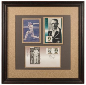 DON BRADMAN, strong pen signature on a reproduction action photo of Bradman, attractively framed (and glazed) together with two other philatelic items. Overall 45 x 45cm.