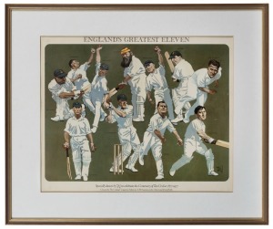 THE CENTENARY OF TEST CRICKET 1877 - 1977: A pair of colour lithographic posters with artwork by TROG, titled "Australia's Greatest Eleven" and "England's Greatest Eleven", both with the additional by line "Chosen by The Cricketer magazine. Selectors: E.W