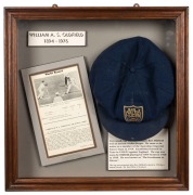 WILLIAM ALBERT STANLEY OLDFIELD (1894 - 1976) "Bert" Oldfield's New South Wales State Team cap, with manufacturer's label of Harding's Mercery and Oldfield's name in pen, attractively displayed in a glazed timber case with details of his career. Overall 4 - 5