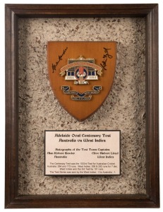 ADELAIDE OVAL CENTENARY TEST AUSTRALIA v. WEST INDIES commemorative plaque signed by the two captains, Allan Border and Clive Lloyd. Mounted and framed together with details of the series which the West Indies won 3-1. 42 x 31.5cm overall