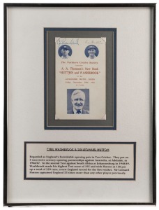 CYRIL WASHBROOK & SIR LEONARD HUTTON: Original signatures on front cover of a souvenir programme created on the occasion of the launch of the book "Hutton and Washbrook" by A. A. Thomson, Leeds, November 1963. Mounted together with details of their formid