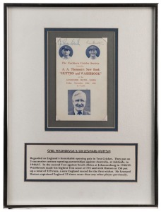 CYRIL WASHBROOK & SIR LEONARD HUTTON: Original signatures on front cover of a souvenir programme&nbsp;created on the occasion of the launch of the book "Hutton and Washbrook" by A. A. Thomson, Leeds, November 1963. Mounted together with details of their formid