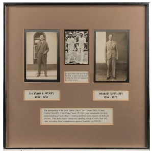 SIR JOHN HOBBS and HERBERT SUTCLIFFE: Original postcard size photographs, the first signed in pen by Hobbs. Attractively mounted, framed and glazed together with a later image of the English opening pair going out to bat. 41 x 41cm overall.