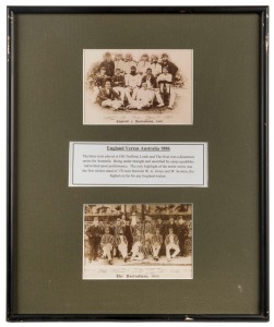 ENGLAND v. AUSTRALIA 1886: Two original postcards featuring the England and Australian teams, mounted, framed and glazed. 42 x 35cm overall.