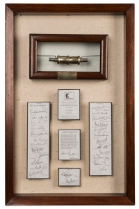 Limited edition silver gilt cricket bail containing a scroll of honour created to commemorate the Centenary Jubilee test match at Lords, June 1977; the scroll bearing the replica signatures of the Australian and English teams. Attractively presented in ti