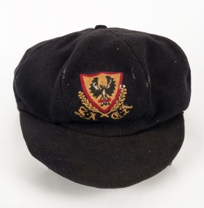 SOUTH AUSTRALIAN CRICKET ASSOCIATION: Match worn cap with embroidered SACA logo to front panel, circa 1950s. Player unknown.