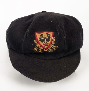 SOUTH AUSTRALIAN CRICKET ASSOCIATION: Match worn cap with&nbsp;embroidered SACA logo to front panel, circa 1950s. Player unknown.