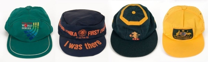 CRICKET CAPS: A small group comprising of an unknown English club peaked woollen cap circa, 1970s; a 1990 Asian Pacific Cricket Tournament peaked cap; a 1982 Sri Lanka v. England inaugural Test Match souvenir peaked cap and an Australian One Day (yellow)