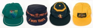 CRICKET CAPS: A small group comprising of an unknown English club peaked woollen cap circa, 1970s; a 1990 Asian Pacific Cricket Tournament peaked cap; a 1982 Sri Lanka v. England inaugural Test Match souvenir peaked cap and an Australian One Day (yellow) 
