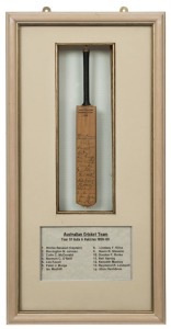 AUSTRALIAN TOUR OF INDIA & PAKISTAN 1959-60: Miniature bat headed "AUSTRALIAN TOURING SIDE - 1959 - " with the original pen signatures of the fourteen cricketers in the touring party; including Benaud (Capt.), Jarman, McDonald, Meckiff, Harvey, Lindwall a