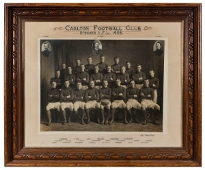 1908 PREMIERSHIP TEAM photograph, by The Allen Studio, with 'Carlton Football Club, Premiers V.F.L. 1908' at top and players names hand-painted to lower mount, excellent condition, framed and glazed, overall 87 x 74 cm. A magnificent piece. (Carlton's 3rd