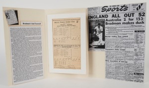 BRADMAN'S SAD FAREWELL: A display featuring an official printed scorecard from the 5th Test at Kennington Oval, August 1948, recording Bradman's duck in Australia's first (and only) innings. Australia had dismissed England for 52 and made 389 in the first
