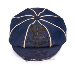 1908 VICTORIAN FOOTBALL LEAGUE PREMIERSHIP CAP: Awarded to William (Billy) Payne, blue with white piping and wire embroidered "VFL, Premiers, 1908" to front panel.