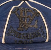 1908 VICTORIAN FOOTBALL LEAGUE PREMIERSHIP CAP: Awarded to William (Billy) Payne, blue with white piping and wire embroidered "VFL, Premiers, 1908" to front panel. - 2