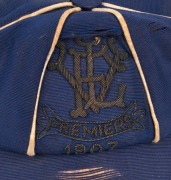 1907 VICTORIAN FOOTBALL LEAGUE PREMIERSHIP CAP: blue with white piping and wire embroidered "VFL, Premiers, 1907" to front panel. awarded to Carlton's Archie Snell (92 games 1902-07). - 4