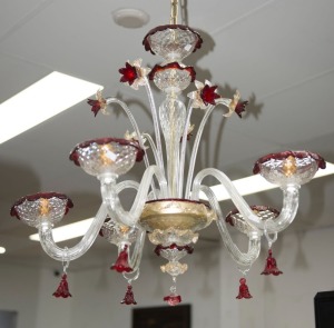 A Murano glass five branch chandelier with ruby glass and gold inclusions, 67cm high