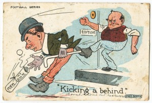 FRED BOOTY "Football Series" postcard "Kicking a behind", postally used July 1906 from KOOKYNIE W.A. to Zeehan, Tasmania.
