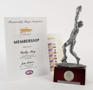 Premiership Players Club trophy (34cm high), with certificate and commemorative sheet of stamps issued to Wally May, premiership player for Essendon, 1949 & 1950