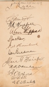 A 1929-31 AUTOGRAPH ALBUM with pages featuring the "Australian Fifth Test 1929" team, the English team of 1929, South Australia XI 1929, various State teams; the Australian Rugby League Touring Team, etc. Many good signatures; condition variable.