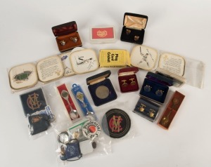 A collection of cricket memorabilia including five sets of cased cufflinks, various membership badges and fobs, sets of playing cards, coasters, spoons and a medallion (qty).