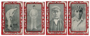 W. D. & H. O. WILLS: 1910-11 Australian and South African Cricketers large part set (43/60) with red or blue borders and with "Capstan" or "Vice-Regal" advertising backs.