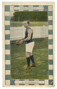 Carlton: Champion Footballers Series: A. McDonald postcard, circa 1915. Unused. Rarity rating: 10. (cnr bend lower right.).