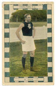 Carlton: Champion Footballers Series: William Dick postcard, circa 1915. Unused. Rarity rating: 10. Cpl. minor bends at top.