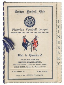 1949 INTERSTATE TRIP & EXHIBITION MATCH v ESSENDON: Carlton Football Club "Visit to Queensland 20th to 27th June 1949" Itinerary" Issued to Mr. Newton Chandler (Club Treasurer and Assistant Manager).