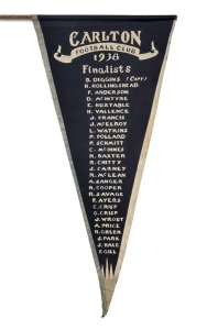 1938 Carlton Football Club Finalists pennant listing the whole team; approx. 43cm long. Carlton won the Grand Final 15.10 (100), defeating Collingwood 13.7 (85).