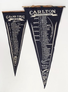 1947 Carlton Pennants: One titled "GRAND FINAL Souvenir 1947", the other "CARLTON FOOTBALL CLUB V.F.L. 1947 PREMIERS"; both listing the team members; the first 45cm long, the second 58cm long. (2 items).