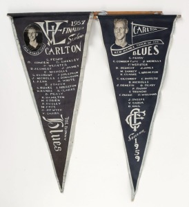 1957 and 1959 Carlton pennants, both incorporating portraits of Ken Hands; the first titled "Carlton, 1957 VFL Finalists The Bonny Blues", the second "Carlton, Ken Hands Coach of the Blues, Souvenir 1959", both approx. 42cm long. (2 items).