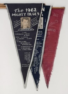 1962 Carlton pennants, (3) comprising of "The 1962 Mighty Blues" with a pic of C. Donaldson, Capt; "Carlton The Mighty Blues 1962" with a pic of the team; and, "The Carlton Blues Grand Final 1962"; all approx 42cm long. (3 items). Essendon finished the ye