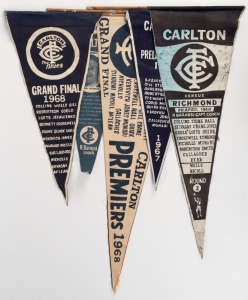 A group of Carlton pennants, comprising of "Carlton V.F.L. Prelim - Final 1967", "Carlton versus Richmond 20 April 1968 - Round 2", 2 different 1968 Grand Final pennants, and a 1969 Gran Final pennant featuring John Nicholls; (5 items); various sizes.