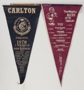 Carlton and the 1970 Grand Final: A group of 3 different pennants, 2 created during the finals and one for the Grand Final; all approx. 42cm. (3 items). Carlton won the 1970 Grand Final , defeating Collingwood by 10 points. The game was played in front of - 2